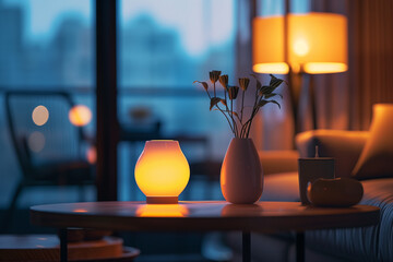 Stylish glowing night lamp on table in room.AI generated