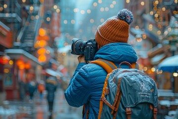 Obraz premium A photographer draped in winter attire takes aim with his camera capturing the festive city lights on a snowy evening