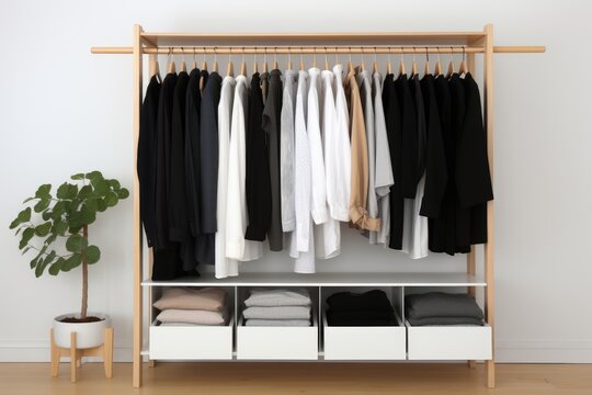 An array of neatly hung clothes in shades of black, white, and beige on a wooden wardrobe rack, complemented by folded items and a potted plant
