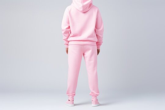 An african american model dressed in a matching pink hoodie and sweatpants set against a neutral background, showcasing casual sportswear