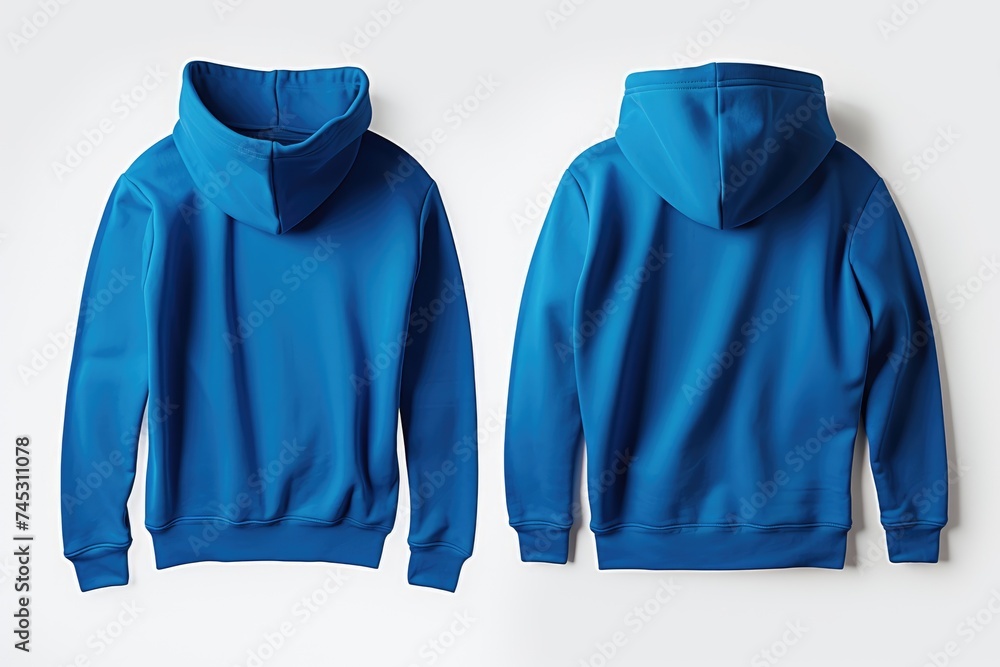 Wall mural Front and back view of a blue hoodie mockup, ideal for showcasing apparel designs, printing, creating logos, white background - Wall murals