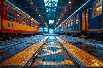 Obraz premium The image captures the vivid reflection on wet train tracks with stationary trains in a moody, industrial setting