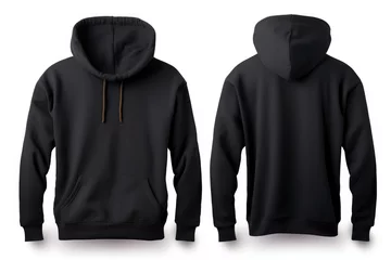  Front and back view of a black hoodie mockup, ideal for showcasing apparel designs, printing, creating logos, white background © gankevstock