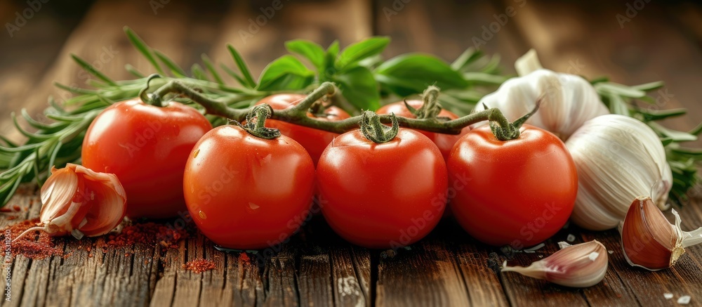 Poster a group of ripe tomatoes and garlic cloves are neatly arranged on a rustic wooden table. the vibrant
