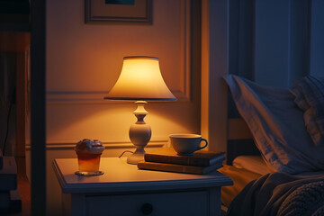 Stylish modern desk lamp, books and cup of drink on white nightstand in dark bedroom.AI generated