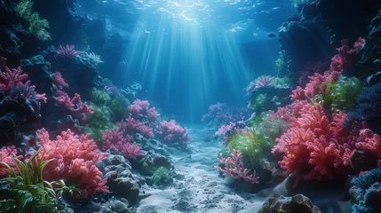 Foto op Plexiglas Underwater Coral reef and bright ray sun. Generative AI © itchaznong