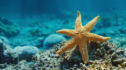 mesmerizing closeup of a vibrant starfish in the deep ocean, capturing its exotic beauty in the marine habitat