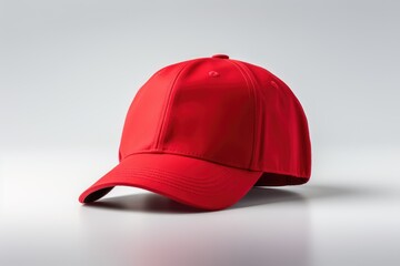 Red baseball cap presented as a mockup on a neutral background, ideal for showcasing design, branding and printing