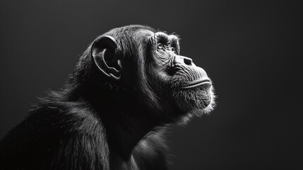 striking low-light portrait of a chimpanzee, with intense expression and dramatic atmosphere