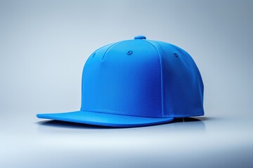 A sleek azure snapback cap displayed on a soft gradient background for a clean clothing mockup