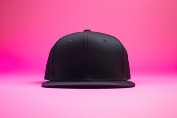 Fototapeta premium A plain black snapback hat is centered against a vibrant pink gradient background, perfect for fashion mockups