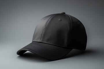 Black baseball cap presented as a mockup on a grey background, ideal for showcasing design, branding and printing