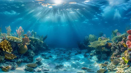 Foto op Aluminium Underwater Coral reef and bright ray sun. Generative AI © itchaznong