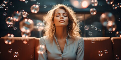 Woman using telekinesis to manipulate bubbles of thoughts manifestation and law of attraction. Concept Telekinesis, Thought Bubbles, Manifestation, Law of Attraction, Mind Power - obrazy, fototapety, plakaty