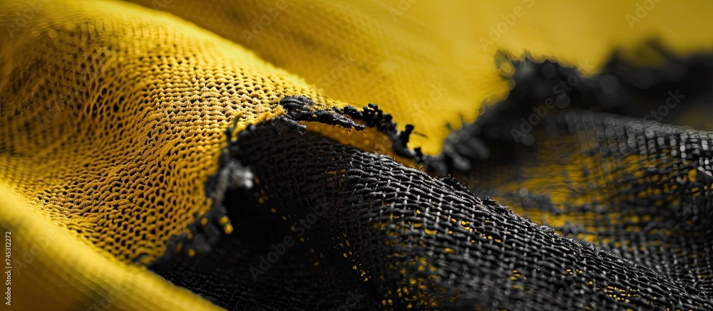 Poster a detailed view of the textured yellow fabric with blackened edges, highlighting the intricate patte