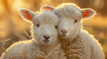 Obraz premium two Lambs, snuggling in the warm morning light Horizontal background, with room for copy, in a Farm animal-themed, photorealistic illustrations in JPG. Generative ai