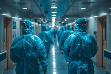 Team of doctors and nurses in hospital hall. Smiling medical personnel. Group of medics wearing scrubs, medical gowns. Surgeon, general practitioner, therapist, diagnostician. Male and woman - obrazy, fototapety, plakaty
