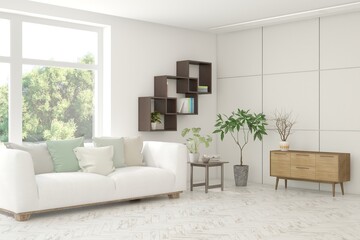 White living room with sofa and summer landscape in window. Scandinavian interior design. 3D illustration