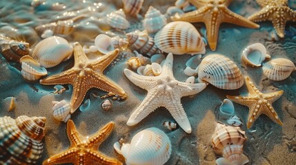 A beach scattered with numerous seashells and starfish