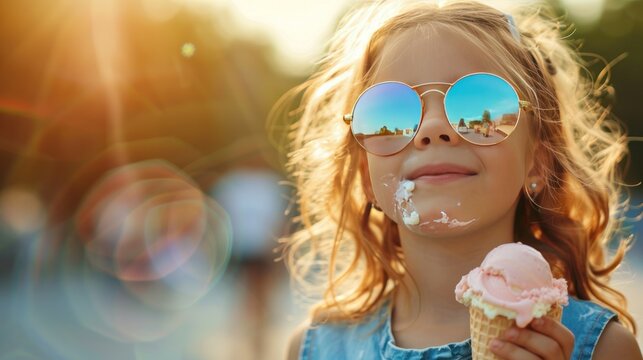 A fashion close-up portrait outdoors featuring a young hipster girl enjoying ice cream in the summer heat