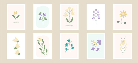 Flowers greeting cards set. Floral background banner template. Fliers childish style collection.