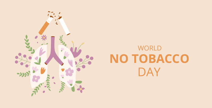 World no tobacco day card. Stop smoking banner. Cigarette and lung with flowers awareness sign