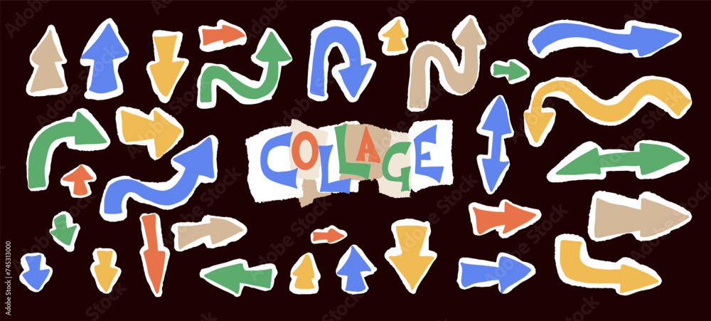 Poster set of arrows for collage. collection of direction pointers with papers edges.