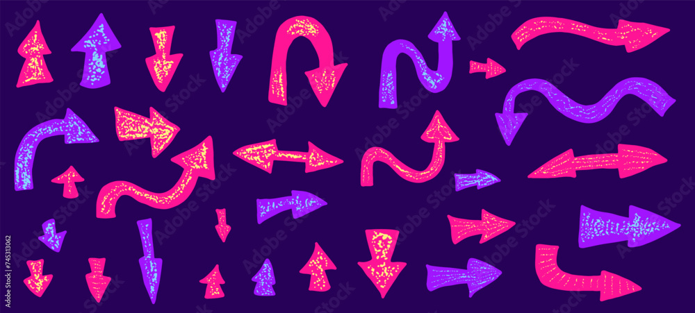 Poster arrow textured set. collection of direction pointers signs on doodle style.