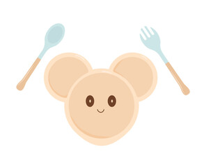 Baby tableware with animal face. Childish cute bento box with cutlery. Kids plastic dish with spoon and fork. Vector flat illustration.