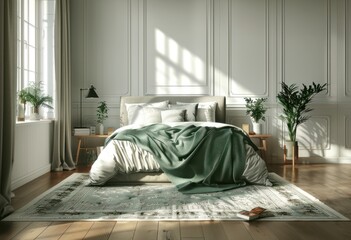 a bedroom with a green blanket on the bed