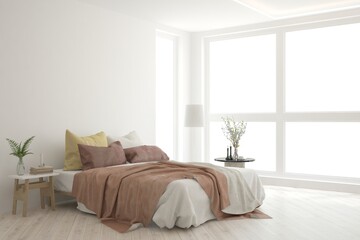 White bedroom concept. Scandinavian interior design. 3D illustration