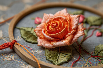 A embroidery of a rose, with stitches and threads