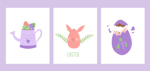 Easter posters template with decoration and text. Rabbit with eggs, flowers and watering can vertical banners. Spring holiday greeting cards collection. Vector flat set illustration