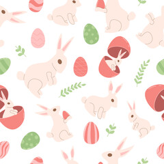 Easter eggs and rabbit seamless pattern. Spring holiday endless background with bunny. Celebration cover. Vector flat illustration