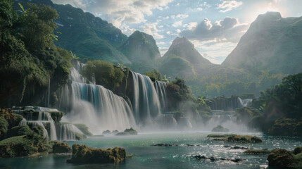 Fototapeta premium Ban Gioc–Detian Falls, Vietnam drone view