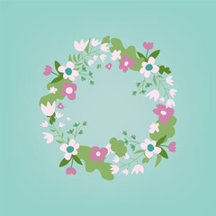Floral wreath. Spring round flowers frame. Circle border of bouquet. Vector flat illustration