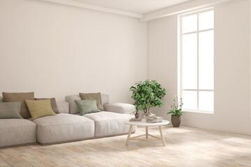 Fototapeta premium Modern minimalist interior with sofa on empty white color wall background. Interior mockup. Scandinavian interior design. 3D illustration