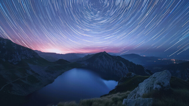 Beautiful night landscape of a lake in mountains, colorful star trails on the sky