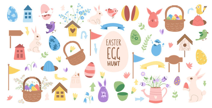 Easter egg hunt elements set. Spring holiday party collection. Eggs, basket tablets and bunny with flowers item. Vector flat illustration