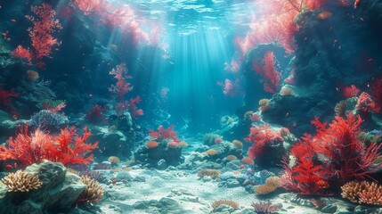 Naklejka na ściany i meble Underwater Coral reef and bright ray sun. Generative AI