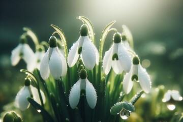 Spring Snowdrop Flowers with Water Drops in Spring Forest on Background Sun and Blurred Bokeh Lights. Copy Space for your text.