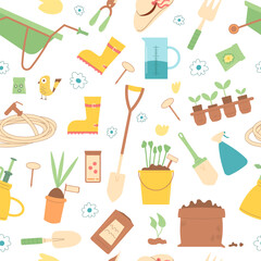 Gardening tools seamless pattern. Spring horticulture endless background. planting and work in backyard cover. Vector flat illustration