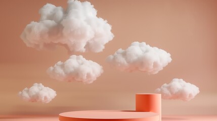empty totally peach-colored podium; white cotton clouds on background; studio shoot 