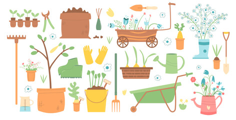 Gardening vector set isolated on white background. Spring horticulture equipment. Planting and work in backyard cover. Seeds, wheelbarrow shovel and other items. Modern flat illustration