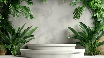Contemporary White Podium Stage Rack front view focus with Green Stone and Tropical Leaves Background