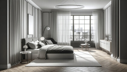 Modern monochrome bedroom interior with large windows and elegant furnishings