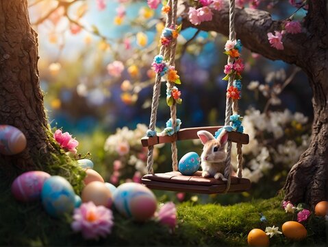 Enchanting Easter Eggs Nestled in Blossoming Branches of a Garden Tree