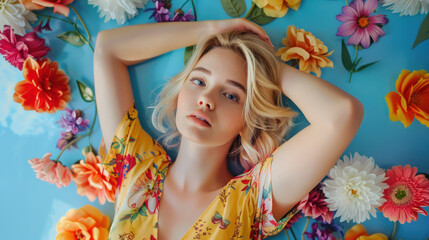 young 30 years blonde woman on the colorful flower