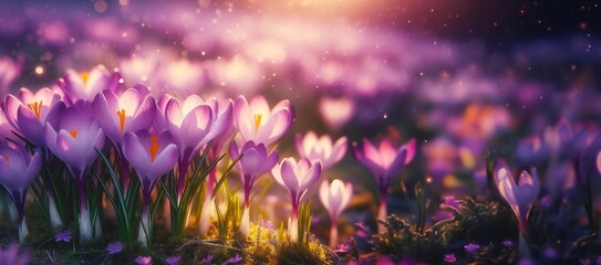Beautiful crocus flowers in a mea.dow at sunset. Early spring. blurred background - obrazy, fototapety, plakaty