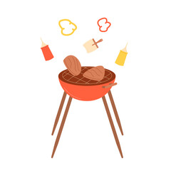 Grill bbq isolated on white background. Mangal brazier barbecue with meat and ketchup element Summer outdoor cookout. Vector flat illustration